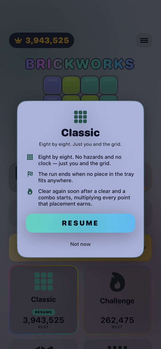 The Classic mode card in Brickworks, explaining the rules before a run starts.